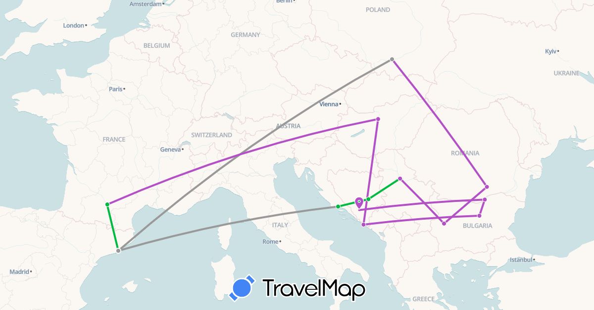 TravelMap itinerary: bus, plane, train in Bosnia and Herzegovina, Bulgaria, Spain, France, Croatia, Hungary, Poland, Romania, Serbia (Europe)
